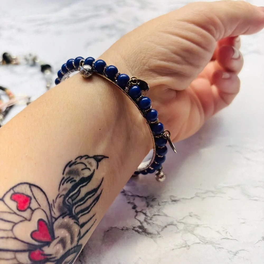 Silver and Blue Beaded Charm Bracelet